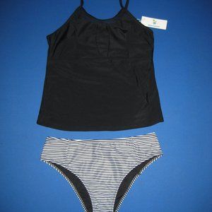 Beachsissi Mesh Patchwork Stripe Print Tankini Set Size Large L NWT Black White
